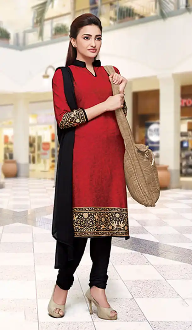 Red Color Crepe Silk Straight Cut Casual Office Wear Salwar Kameez - 64124312