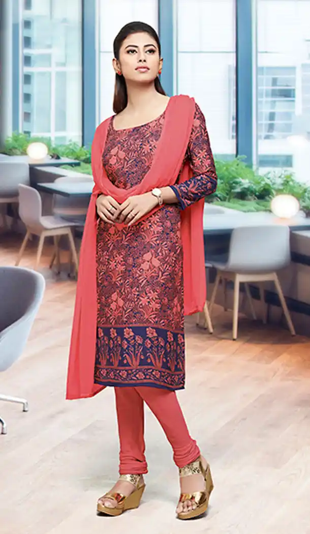 Pink And Blue Color Crepe Silk Straight Cut Casual Office Wear Salwar Kameez - 64124315