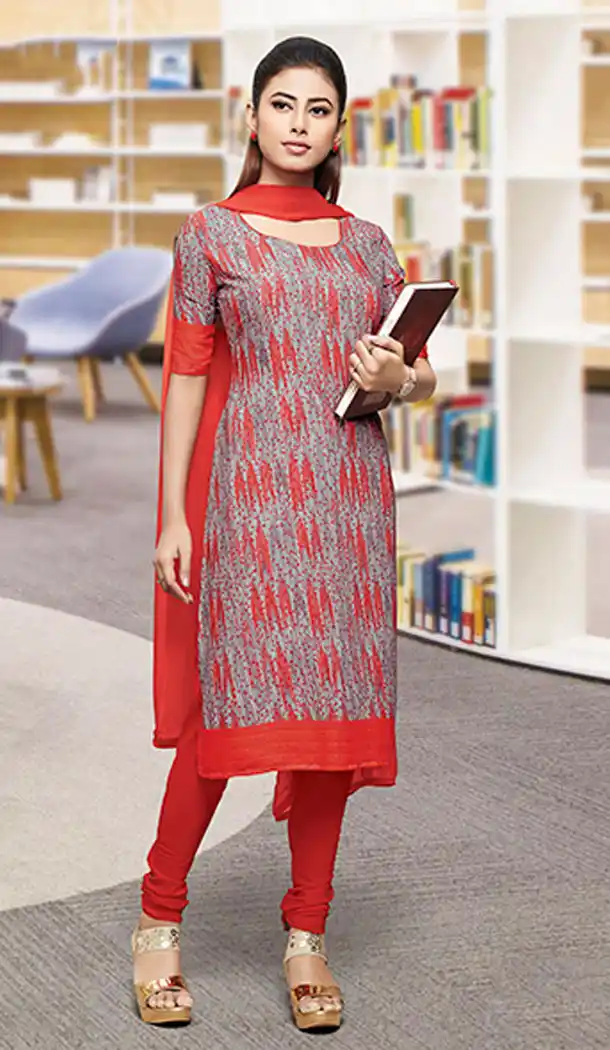 Grey And Red Color Crepe Silk Straight Cut Casual Office Wear Salwar Kameez - 64124317