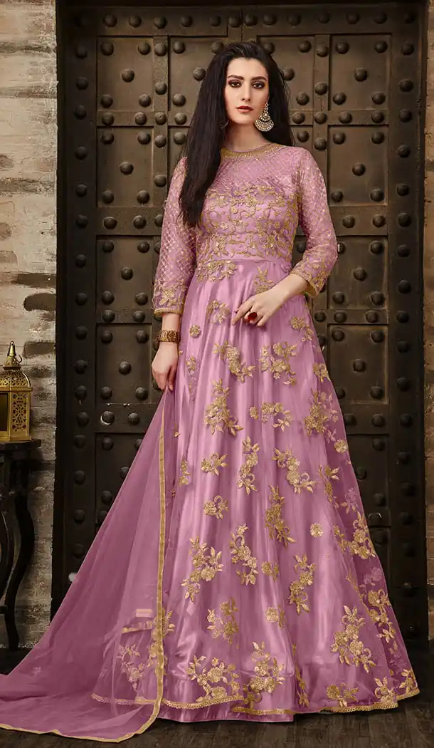 Pink Color Net Pakistani Long Abaya Style Salwar Kameez - 64184373
