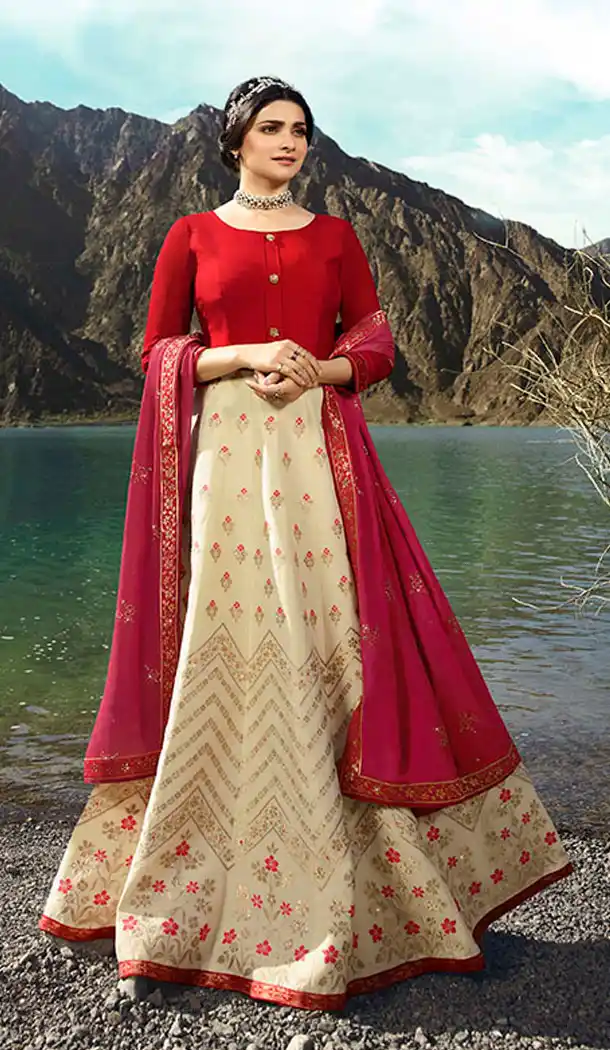 Cream And Red Color Soft Silk Prachi Desai Anarkali Salwar Kameez - 64244432