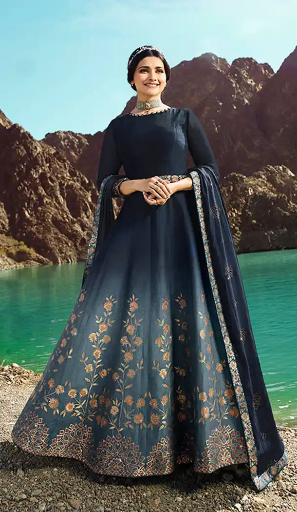 Navy Blue Color Soft Silk Prachi Desai Anarkali Salwar Kameez - 64244433