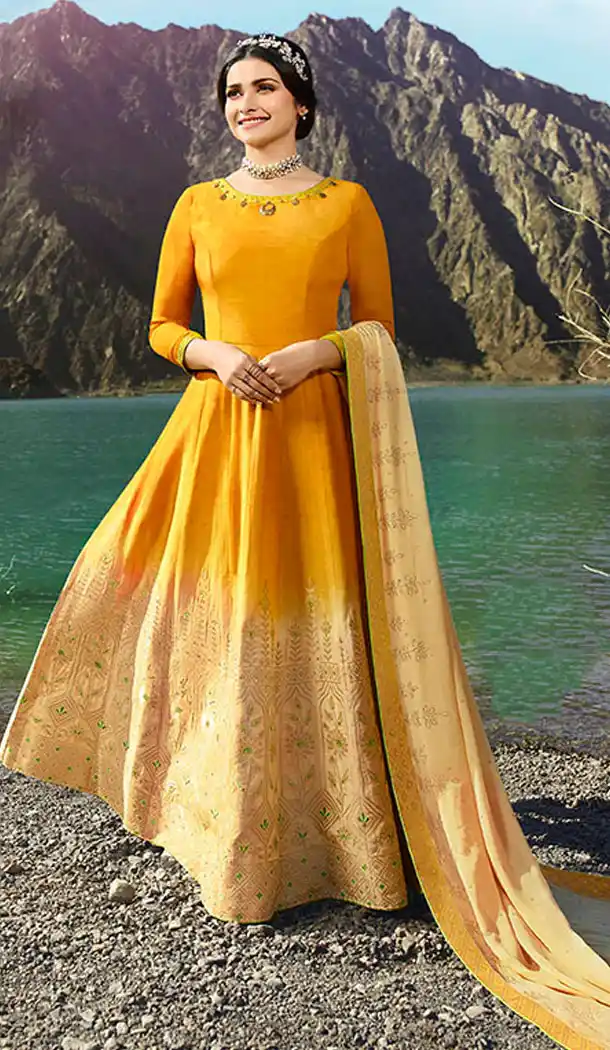 Musturd Yellow And Beige Color Soft Silk Prachi Desai Anarkali Salwar Kameez - 64244437