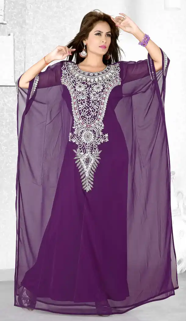 Purple Color Faux Georgette Designer Hand Stiched Arab Islamic Farasha Dress - 501561487
