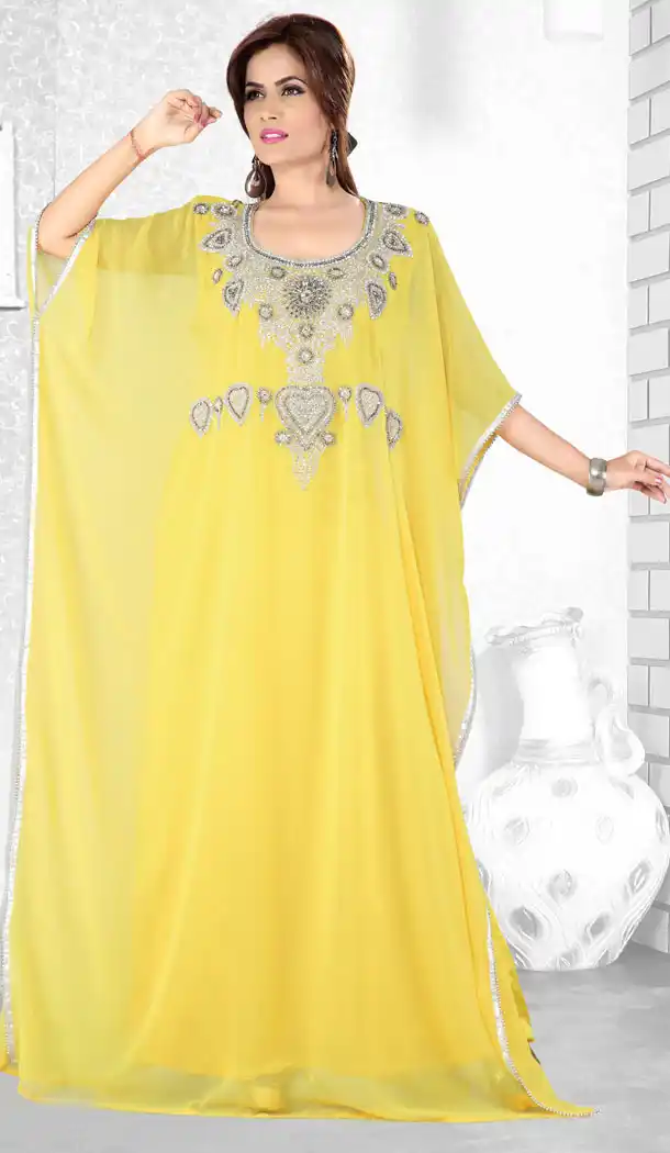 Yellow Color Faux Georgette Designer Hand Stiched Arab Islamic Farasha Dress - 501561489