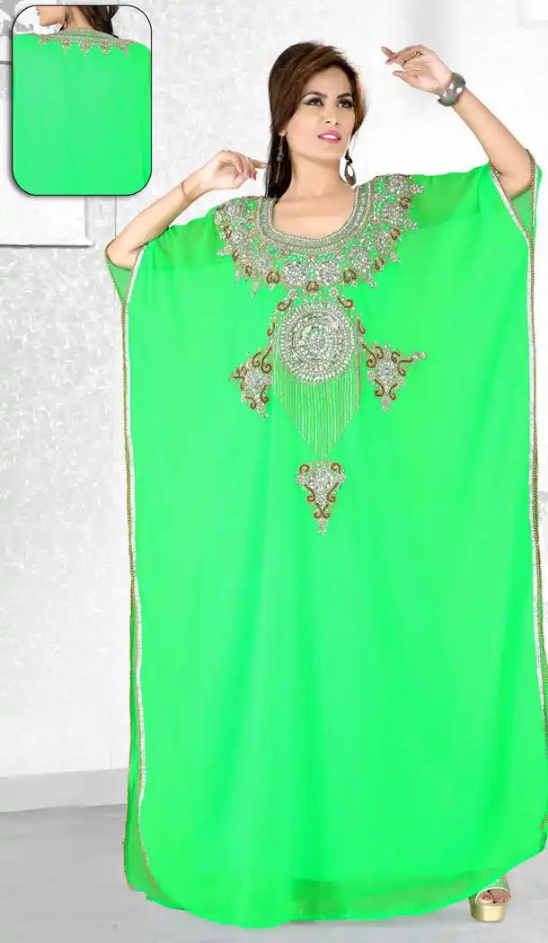 Parrot Green Color Faux Georgette Designer Hand Stiched Arab Islamic Farasha Dress