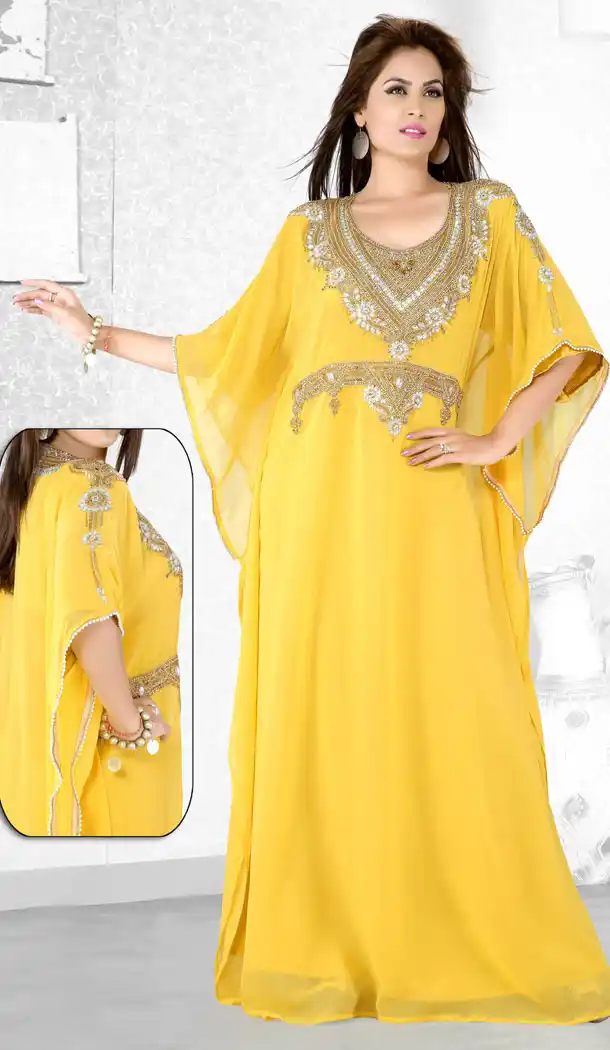 Yellow Color Faux Georgette Designer Hand Stiched Arab Islamic Farasha Dress - 501561494