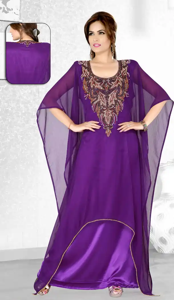 Purple Color Faux Georgette Designer Hand Stiched Arab Islamic Farasha Dress - 501561495