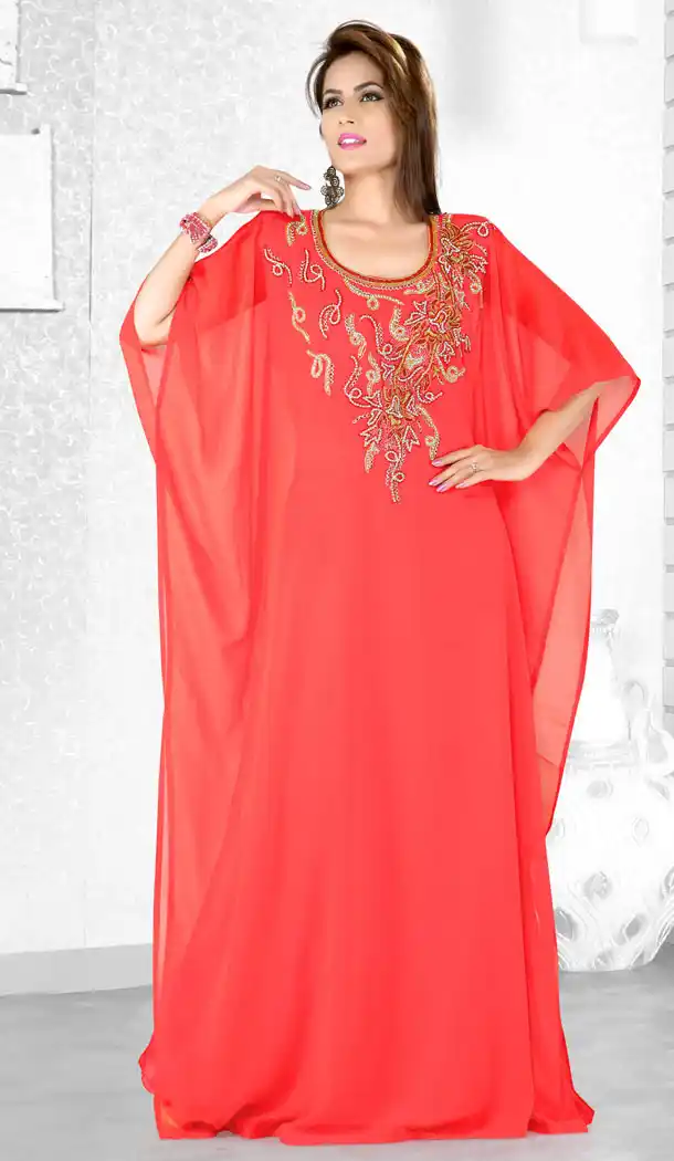 Dark Coral Color Faux Georgette Designer Hand Stitched Arab Islamic Farasha Dress - 501561497