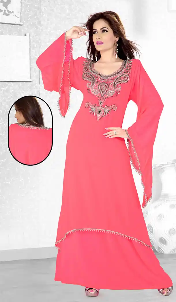 Pink Color Faux Georgette Designer Hand Stiched Arab Islamic Kaftan Dress
