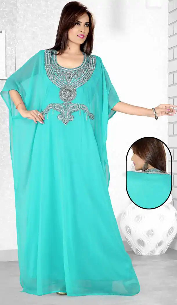 Sky Blue Color Faux Georgette Designer Hand Stiched Arab Islamic Farasha Dress - 501561499