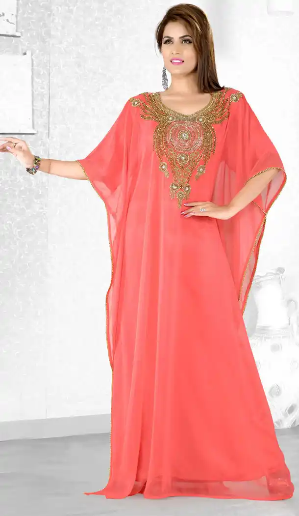Coral Color Faux Georgette Designer Hand Stiched Arab Islamic Farasha Dress - 501561501
