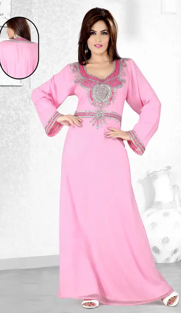 Baby Pink Color Faux Georgette Designer Hand Stiched Arab Islamic Kaftan Dress - 501561503