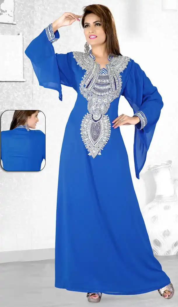 Royal Blue Color Faux Georgette Designer Hand Stiched Arab Islamic Kaftan Dress - 501561505