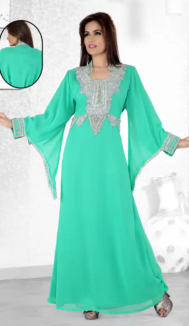 Sea Green Color Faux Georgette Designer Hand Stiched Arab Islamic Kaftan Dress - 501561507