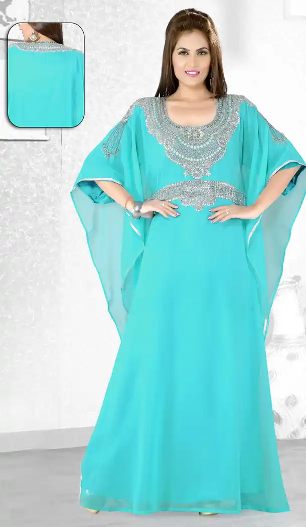 Sky Blue Color Faux Georgette Designer Hand Stiched Arab Islamic Farasha Dress - 501561510