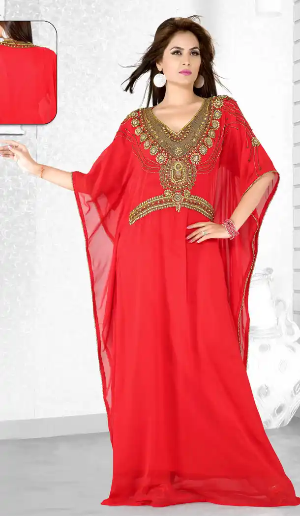 Red Color Faux Georgette Designer Hand Stiched Arab Islamic Farasha Dress - 501561511