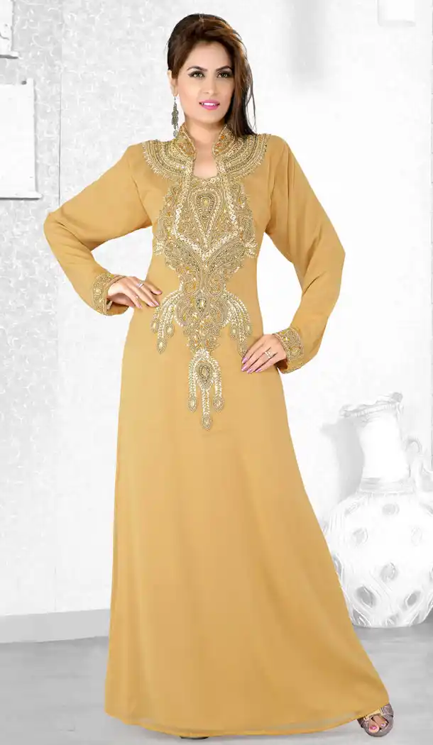 Beige Color Faux Georgette Designer Hand Stiched Arab Islamic Kaftan Dress - 501561513