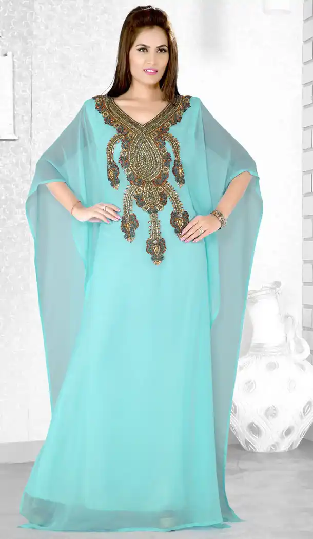 Sky Blue Color Faux Georgette Designer Arab Islamic Farasha Readymade Dress - 501761540