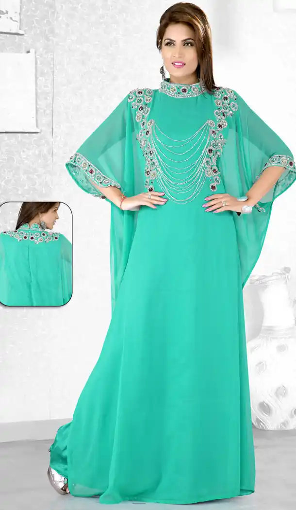 Sea Green Color Faux Georgette Designer Arab Islamic Farasha Readymade Dress - 501761542