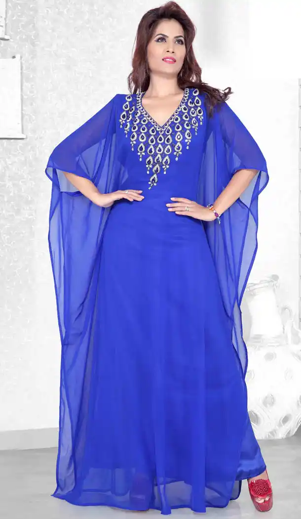 Royal Blue Color Faux Georgette Designer Arab Islamic Farasha Readymade Dress - 501761545