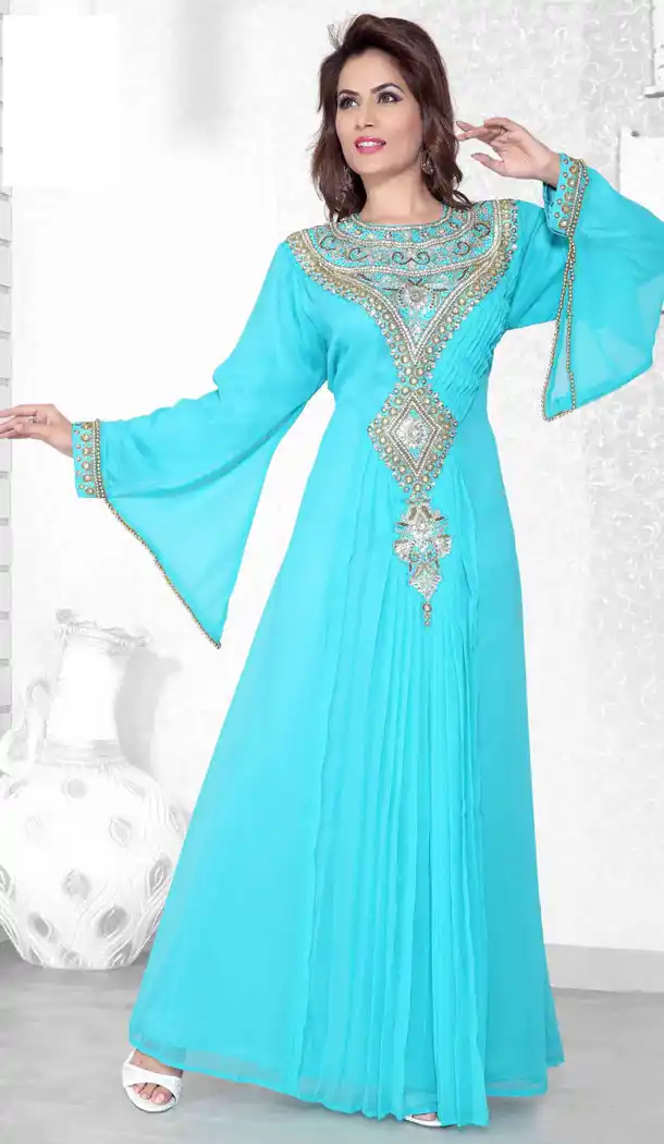 Sky Blue Color Faux Georgette Designer Arab Islamic Kaftan Readymade Dress - 501761547