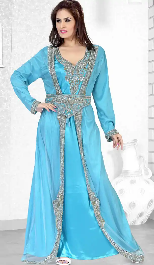 Sky Blue Color Faux Georgette Designer Arab Islamic Moroccan Kaftan Readymade Dress - 501761552