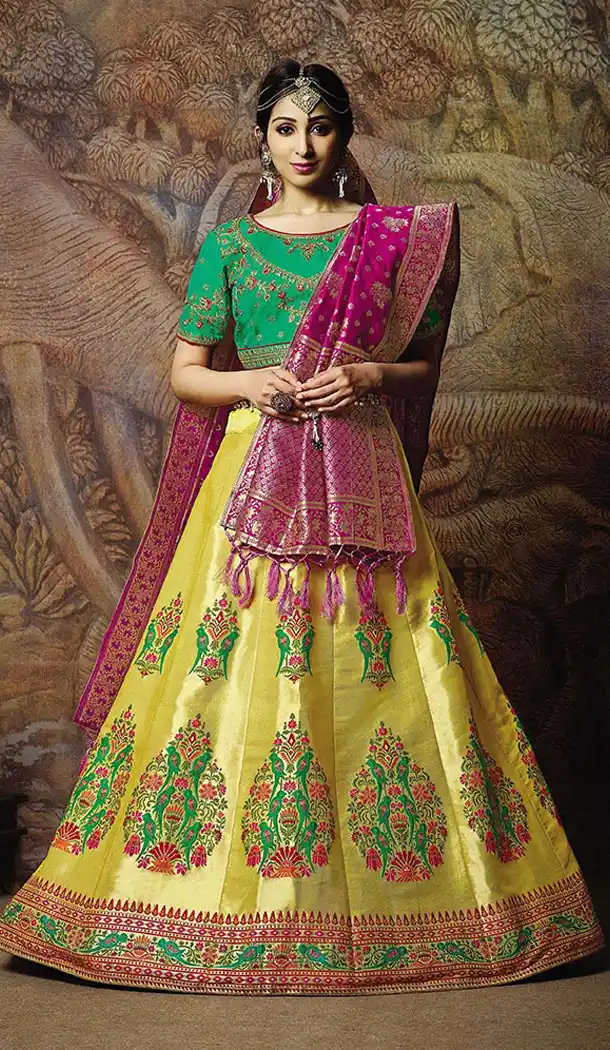 Sparkling Yellow Color Jacquard Silk Designer Wear Lehenga Choli - 64414611