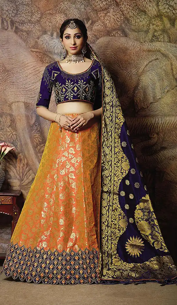 Attractive Orange Color Jacquard Silk Designer Wear Lehenga Choli - 64414612