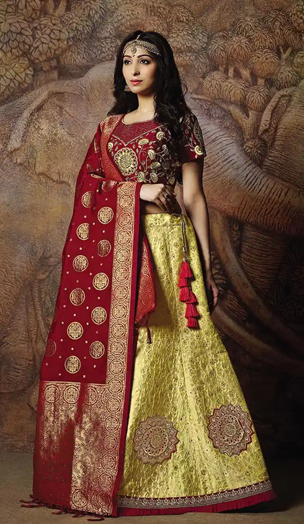 Classy Yellow Color Jacquard Silk Designer Wear Lehenga Choli - 64414615