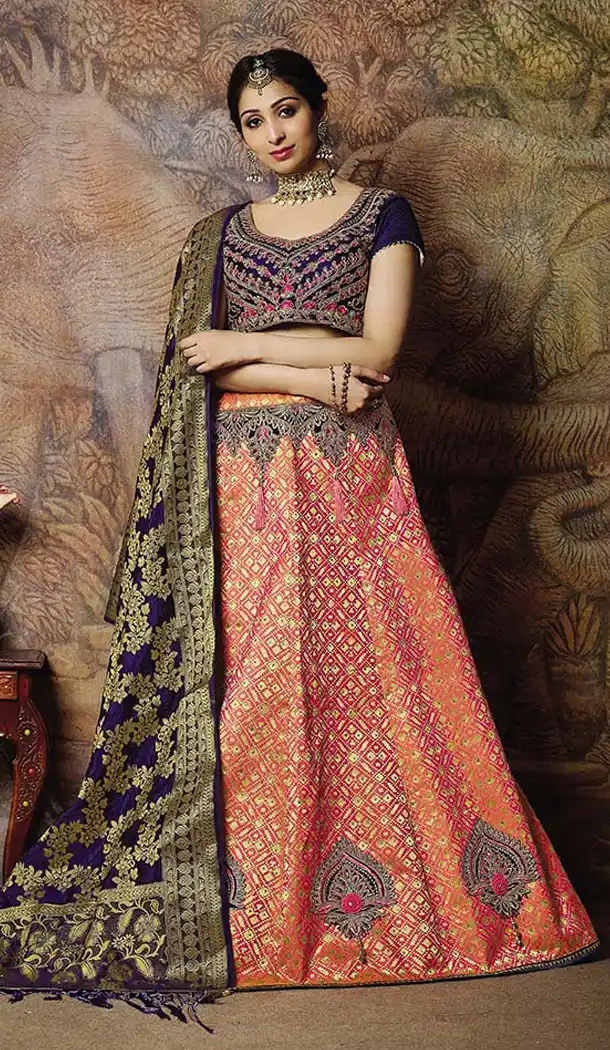 Majesty Dark Peach Color Jacquard Silk Designer Wear Lehenga Choli - 64414619