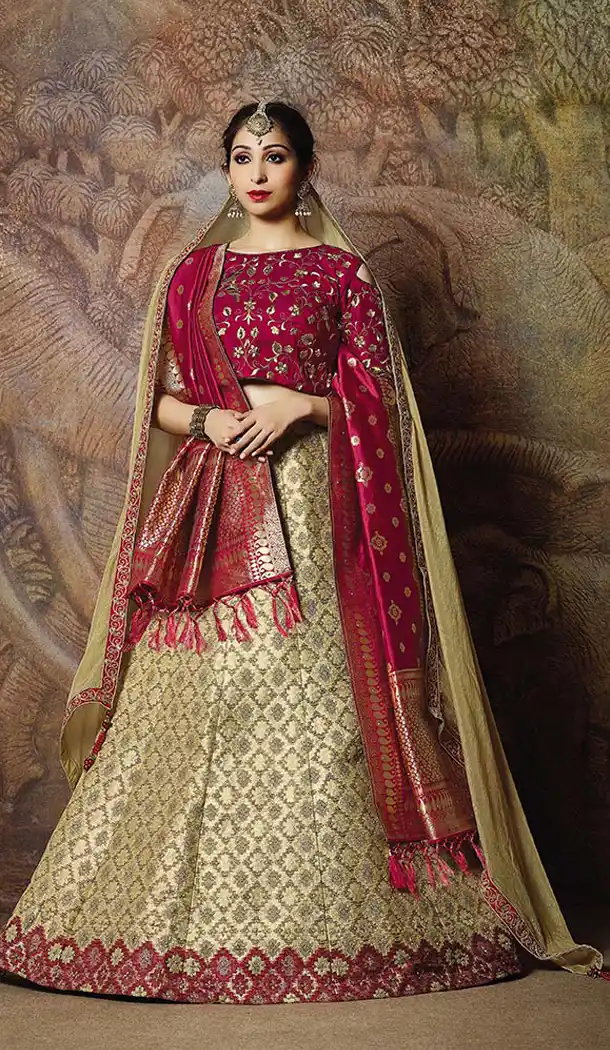 Charming Cream Color Jacquard Silk Designer Wear Lehenga Choli - 64414622