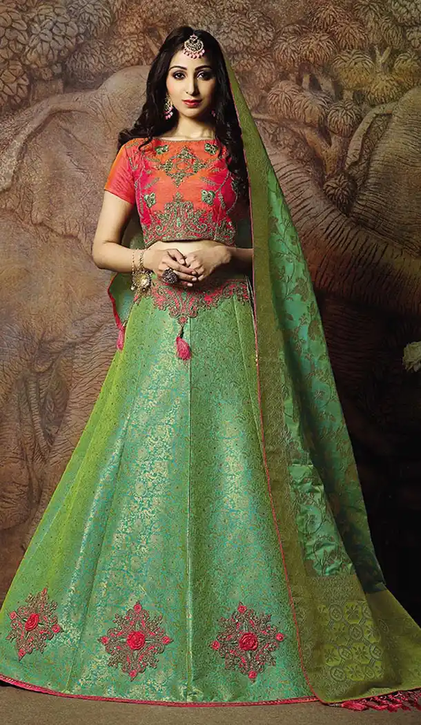 Green Color Jacquard Silk Designer Wear Lehenga Choli - 64414623