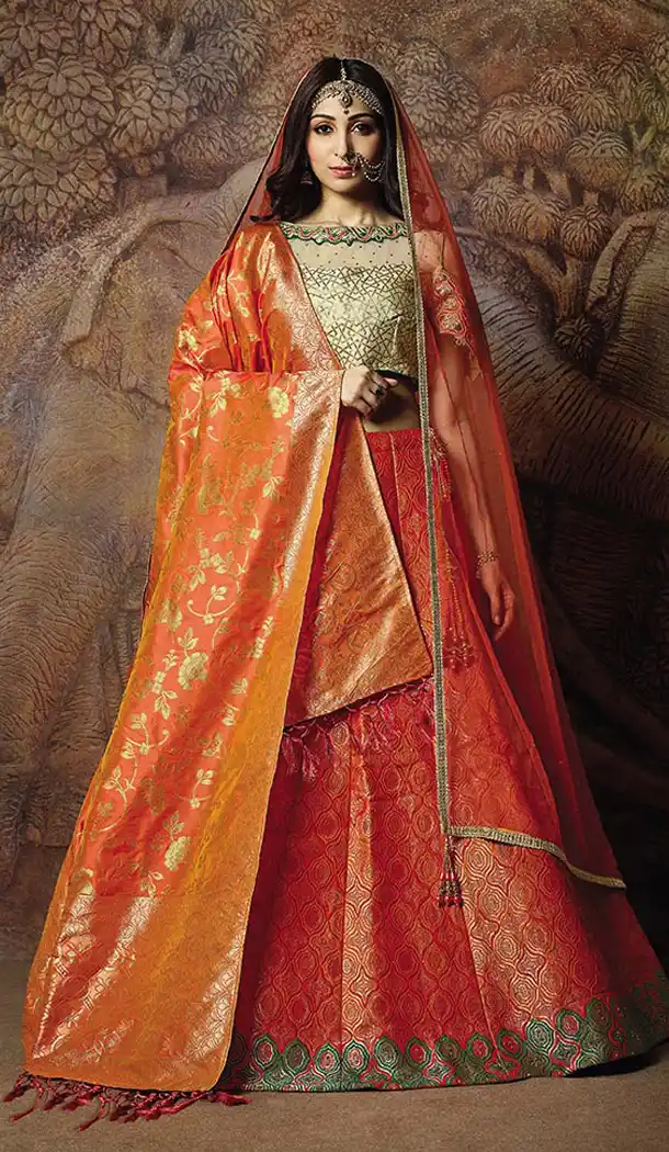 Orange Color Jacquard Silk Designer Wear Lehenga Choli - 64414624