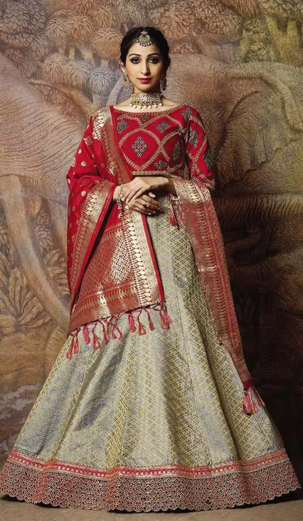Grey Color Jacquard Silk Designer Wear Lehenga Choli - 64414626