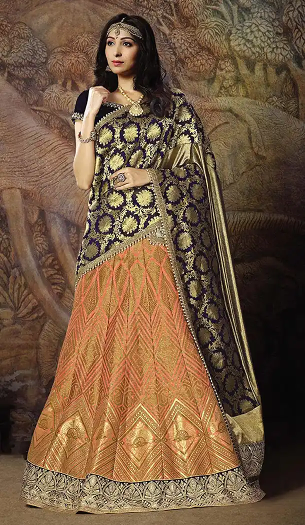 Heavy Peach Color Jacquard Silk Designer Wear Lehenga Choli - 64414628