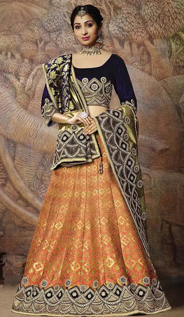 Dark Peach Color Jacquard Silk Designer Wear Lehenga Choli - 64414631