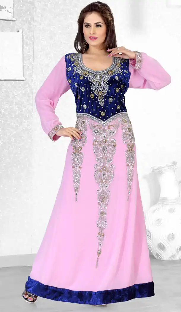 Baby Pink And Royal Blue Faux Georgette Designer Readymade Islamic Kaftan Dress - 501861555