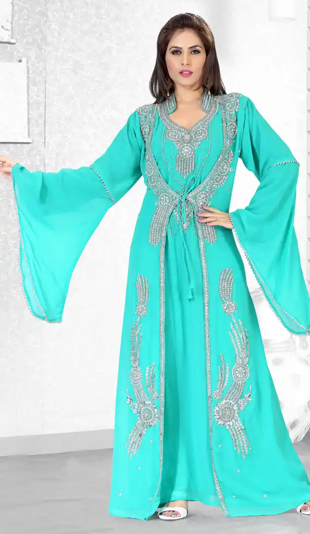 Sea Green Faux Georgette Designer Readymade Islamic Kaftan Dress - 501861559