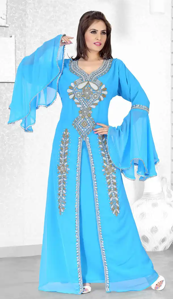 Sky Blue Faux Georgette Designer Readymade Islamic Kaftan Dress - 501861563