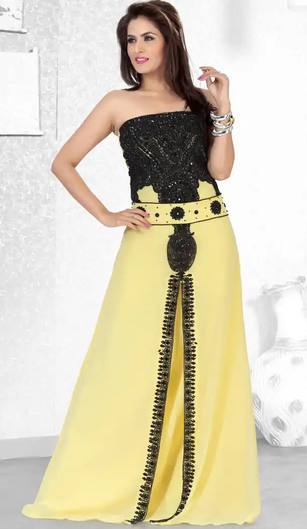 Yellow Faux Georgette Designer Readymade Islamic Farasha Dress - 501861575