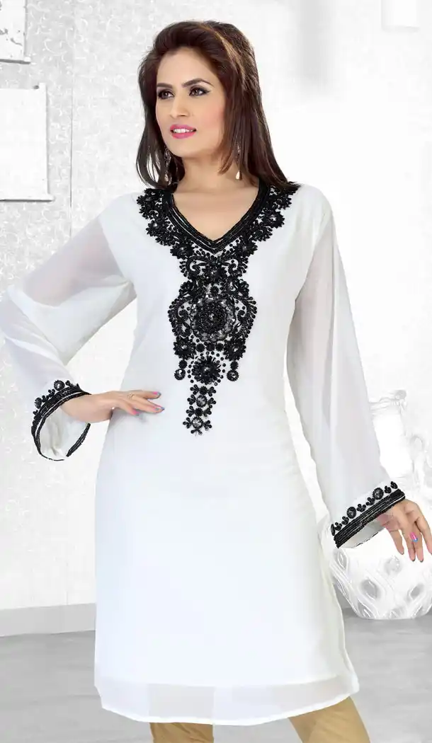 Off White Faux Georgette Designer Readymade Islamic Kurti Dress - 501861578