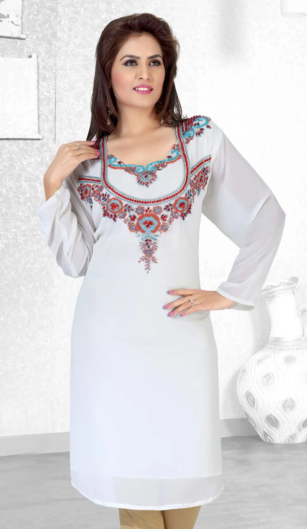 Charming Off White Faux Georgette Designer Readymade Islamic Kurti Dress - 501861579