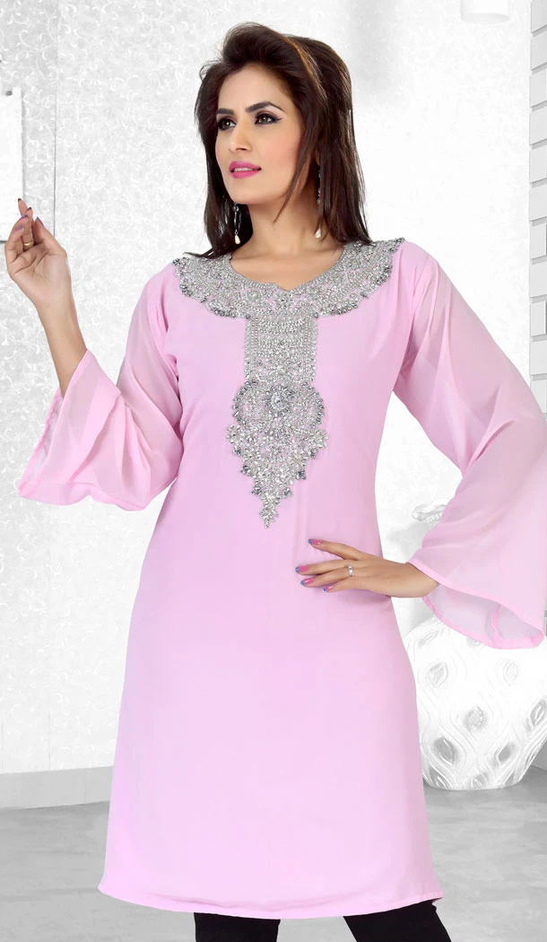 Baby Pink Faux Georgette Designer Readymade Islamic Kurti Dress - 501861581