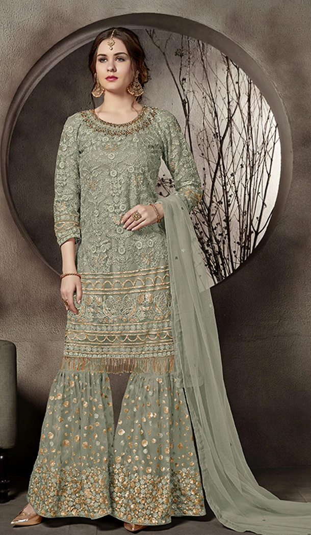Pastel Green Color Net Pakistani Designer Sharara Salwar Kameez - 64364552