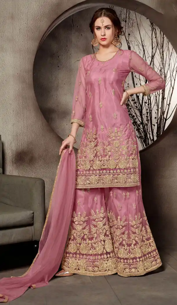 Beautiful Pink Color Net Designer Sharara Salwar Kameez - 64464670