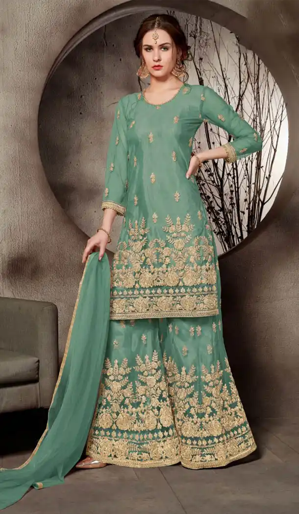 Sea Green Color Net Designer Sharara Salwar Kameez - 64464673