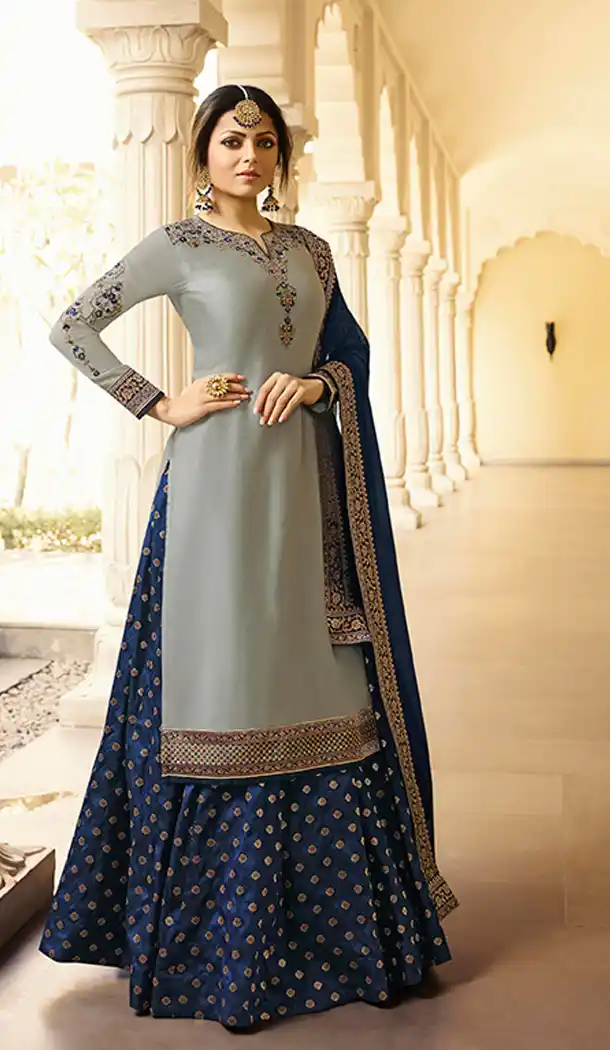 Grey Color Satin Georgette Tv Actress Drashti Dhami Lehenga Suit - 64424632