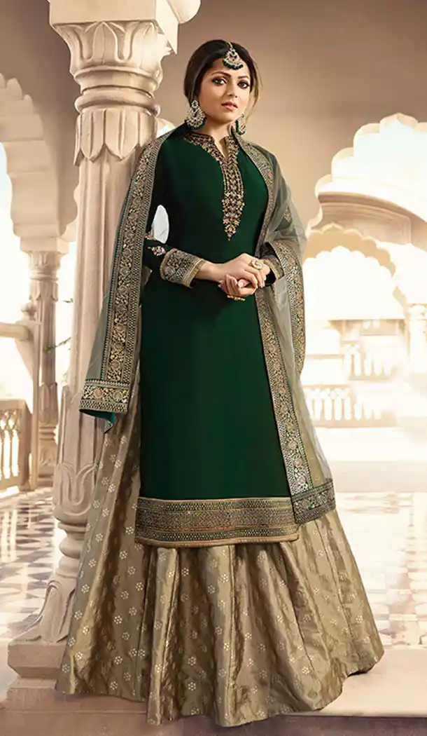 Dark Green Color Satin Georgette Tv Actress Drashti Dhami Lehenga Suit - 64424633