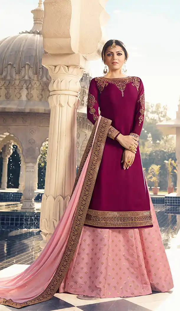 Magenta Pink Color Satin Georgette Tv Actress Drashti Dhami Lehenga Suit - 64424634